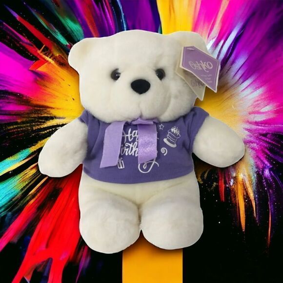 Happy Birthday Teddy Bear Plush Oshko Purple White Polar Stuffed Animal Soft Tag - Picture 16 of 16